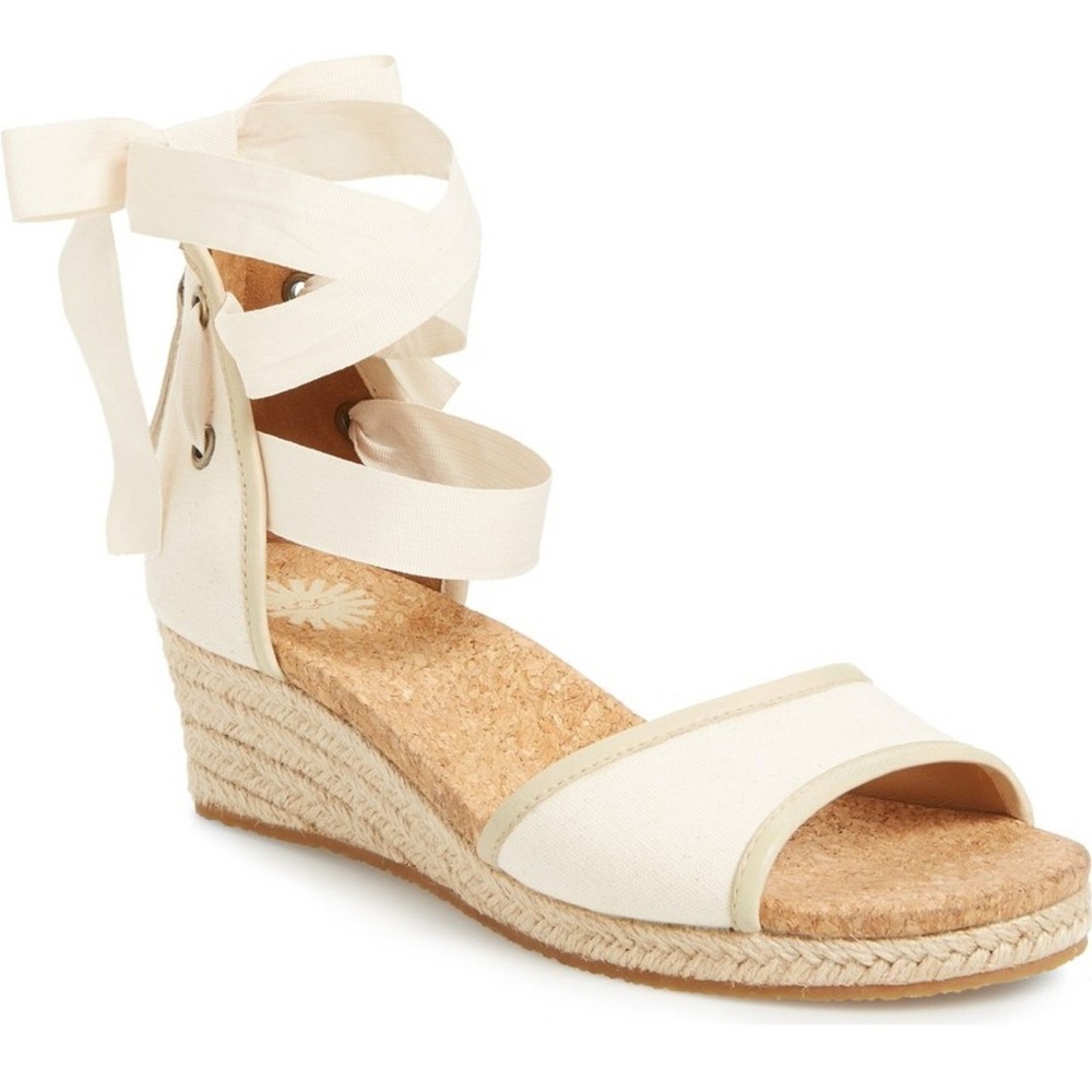 UGG Australia Amell Open Toe Canvas/ Leather Lace up Jute Wedge size 7, Cream
